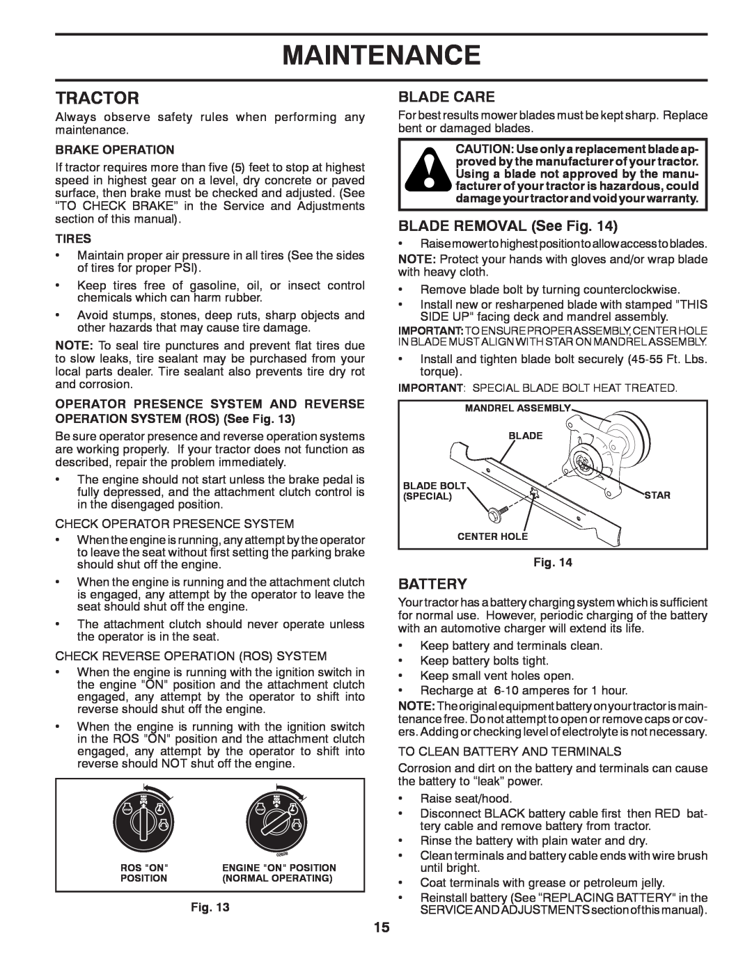 Husqvarna 532 42 20-50_R1, 96045000408 owner manual Tractor, Blade Care, BLADE REMOVAL See Fig, Battery, Maintenance 