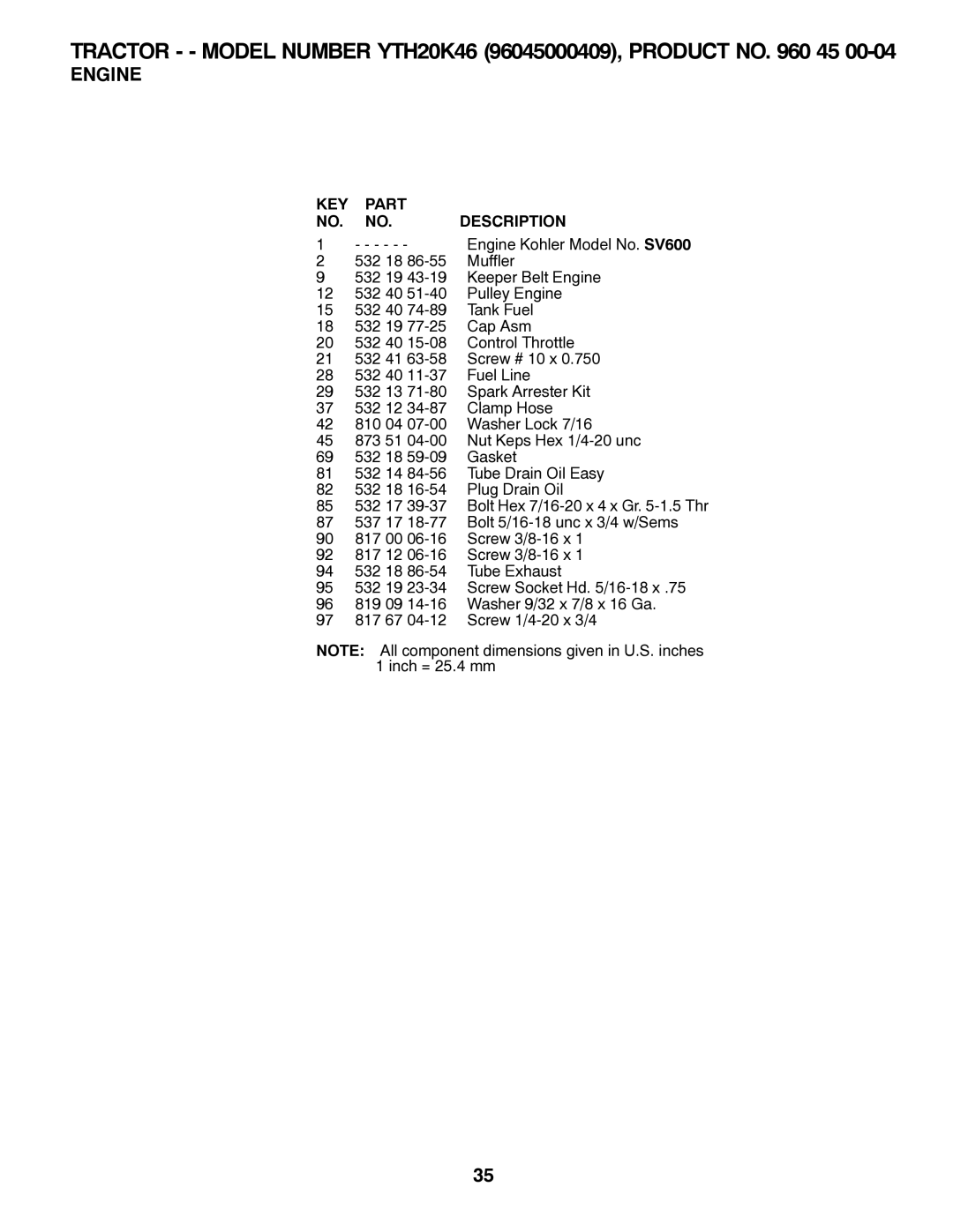 Husqvarna 532 42 32-01, 96045000409 owner manual Engine Kohler Model No. SV600 