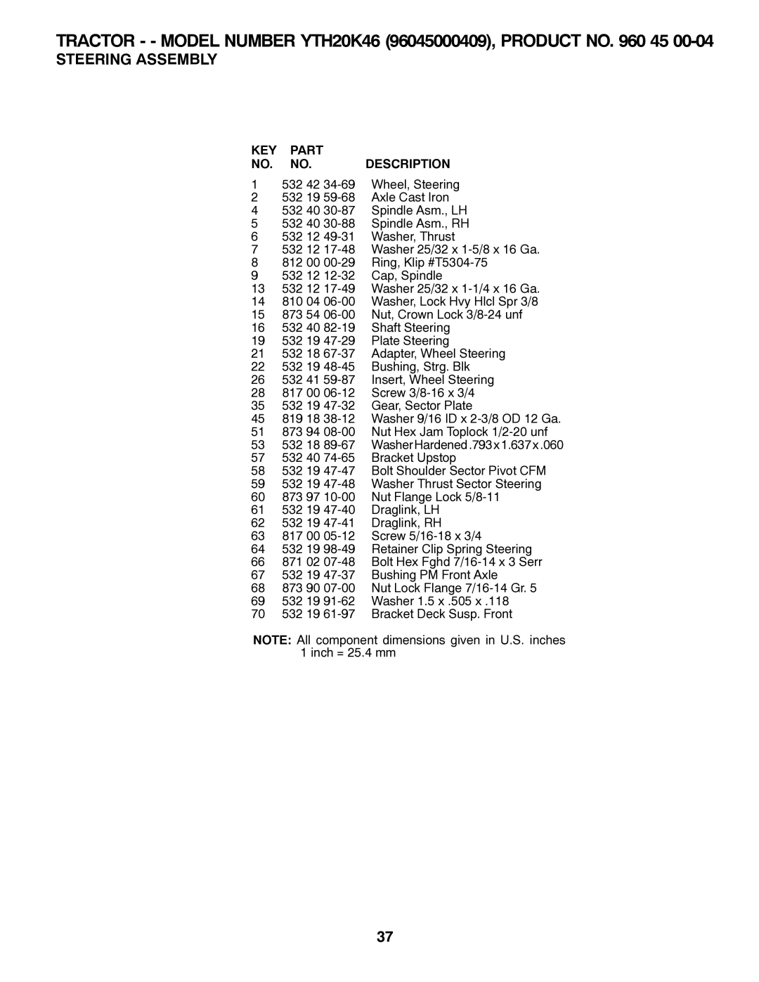 Husqvarna 532 42 32-01 owner manual Tractor - Model Number YTH20K46 96045000409, Product no 45 