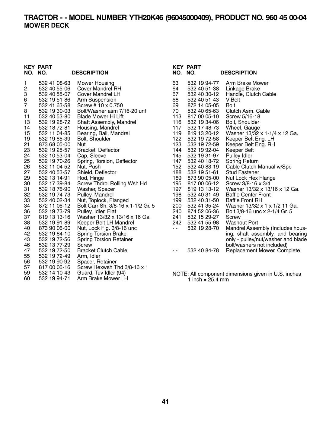 Husqvarna 532 42 32-01, 96045000409 owner manual KEY Part NO. no Description 