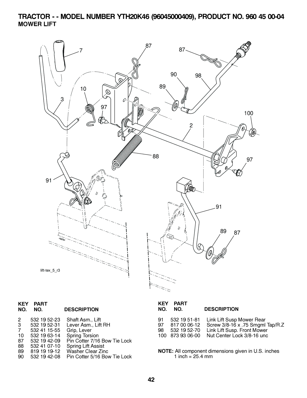 Husqvarna 96045000409, 532 42 32-01 owner manual Mower Lift, 100 