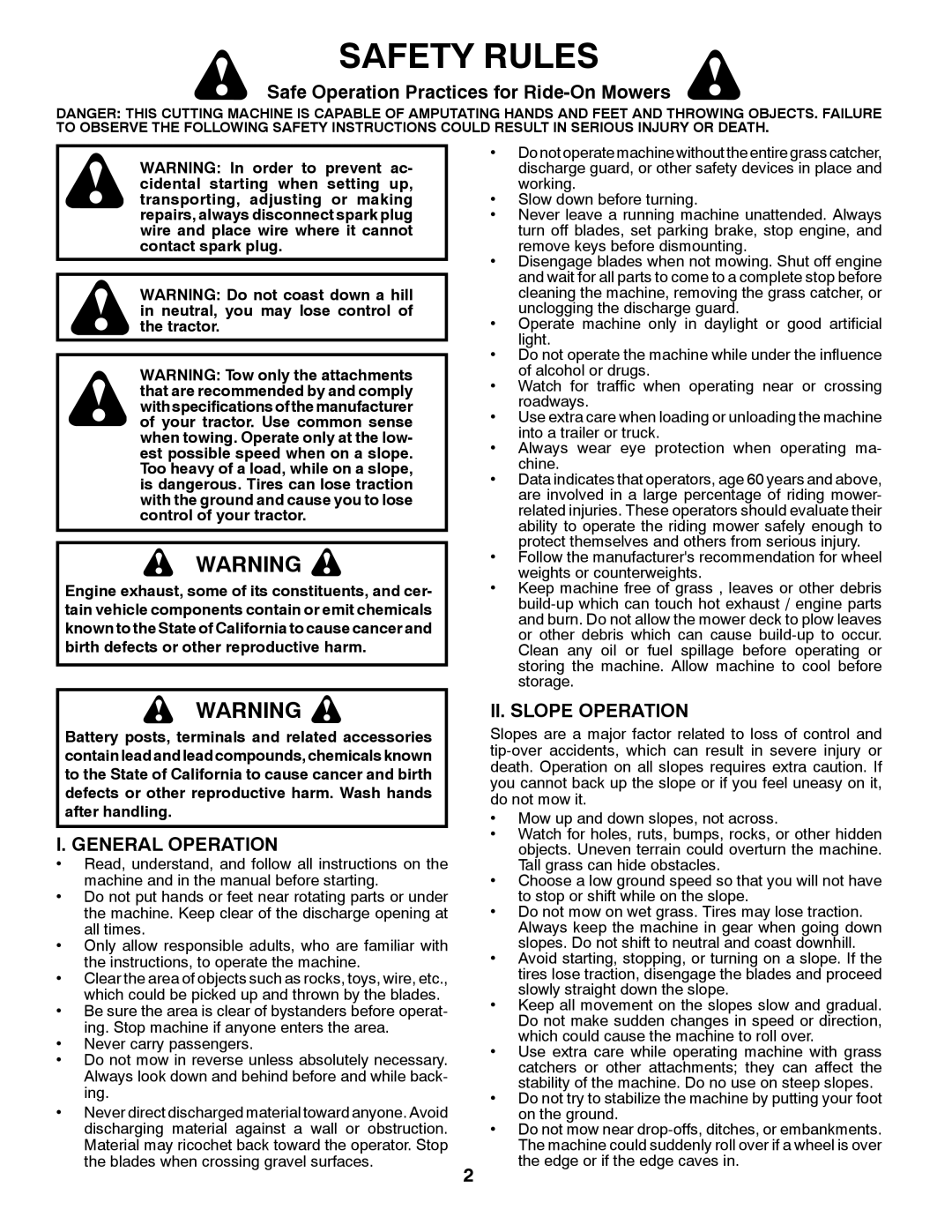 Husqvarna 96045000409 Safety Rules, Safe Operation Practices for Ride-On Mowers, I. General Operation, Ii. Slope Operation 