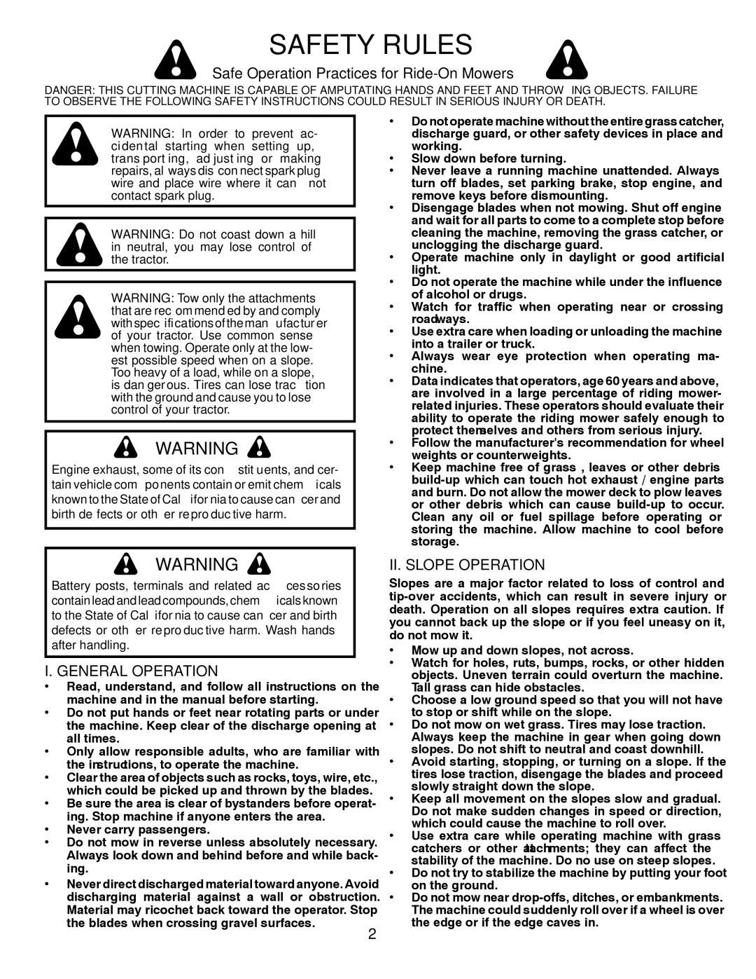 Husqvarna 96045000410 Safety Rules, Safe Operation Practices for Ride-On Mowers, General Operation, II. Slope Operation 