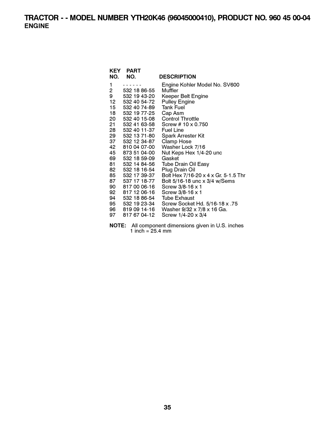 Husqvarna 532 42 41-94, 96045000410 owner manual Engine Kohler Model No. SV600 