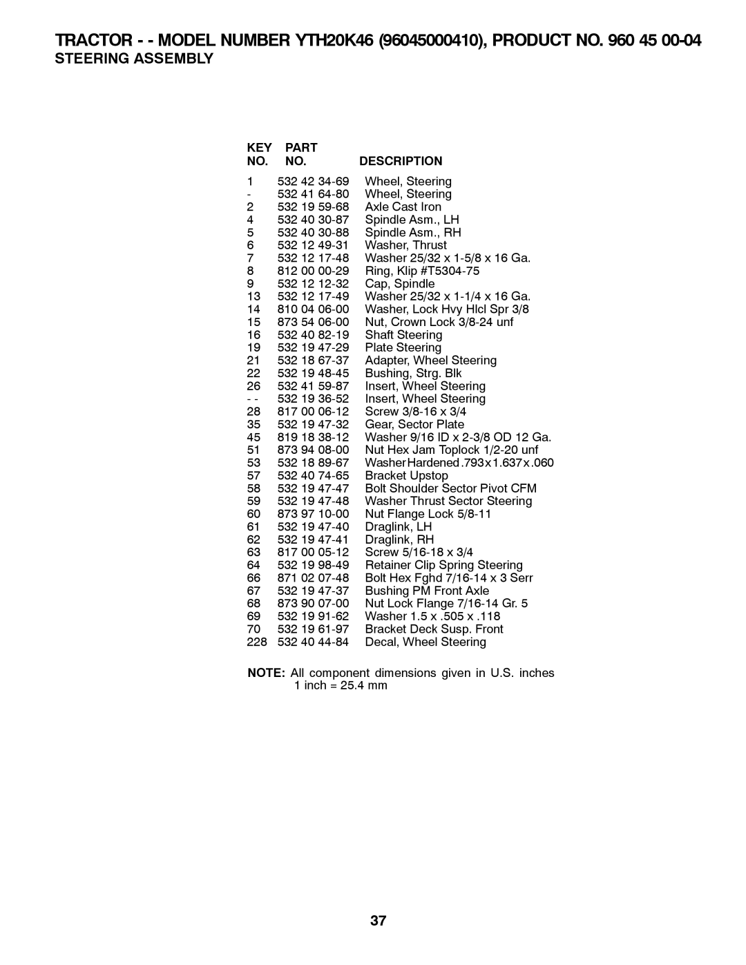 Husqvarna 532 42 41-94 owner manual Tractor - Model Number YTH20K46 96045000410, Product no 45 