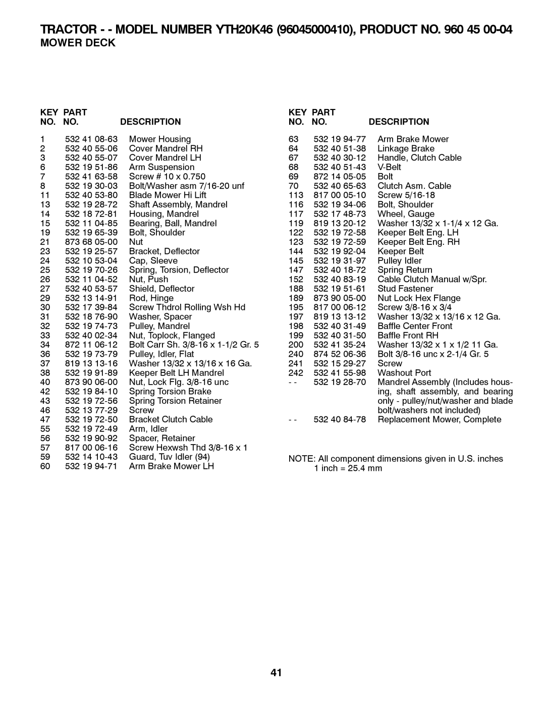 Husqvarna 532 42 41-94, 96045000410 owner manual KEY Part NO. no Description 