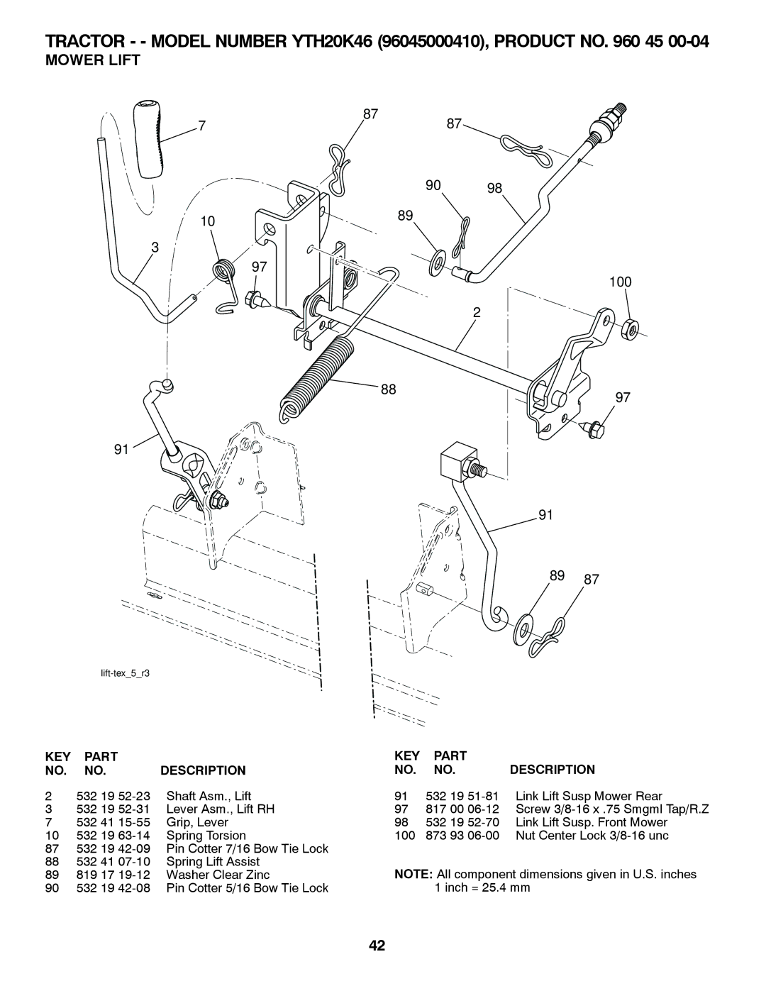 Husqvarna 96045000410, 532 42 41-94 owner manual Mower Lift, 100 