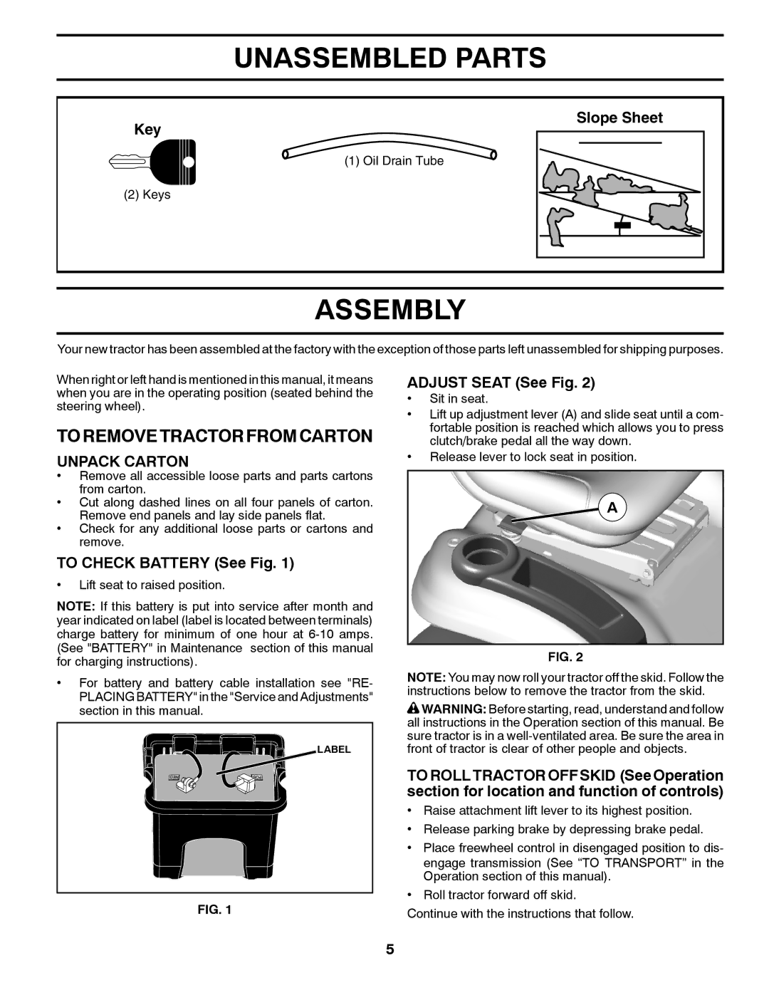 Husqvarna 532 42 41-94, 96045000410 owner manual Unassembled Parts, Assembly, To Remove Tractor from Carton, Unpack Carton 