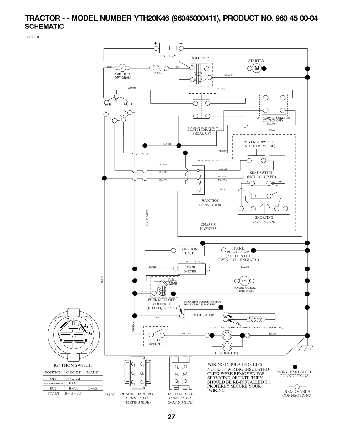 Husqvarna owner manual Tractor - Model Number YTH20K46 96045000411, Product no 45, Schematic 