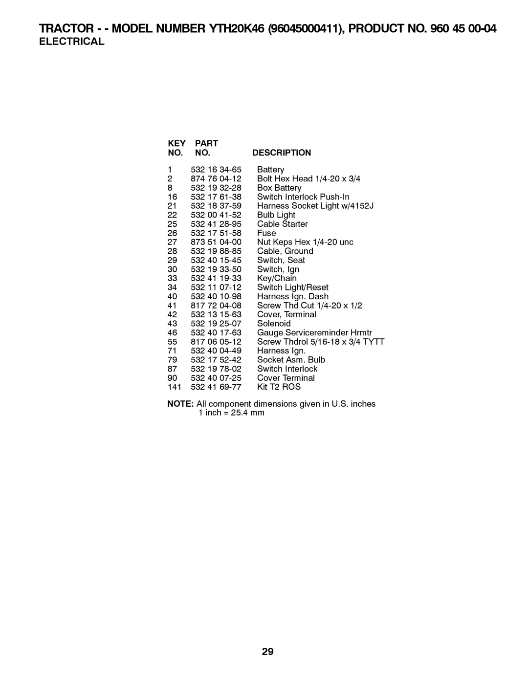 Husqvarna 96045000411 owner manual KEY Part Description 