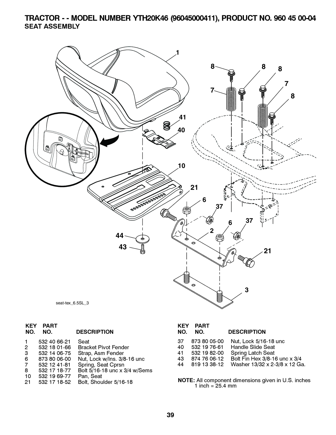 Husqvarna 96045000411 owner manual Seat Assembly, 532 40 Seat 