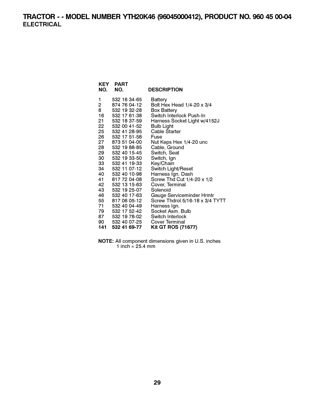 Husqvarna 96045000412 owner manual Electrical, KEY Part Description, 141 532 41 Kit GT ROS 