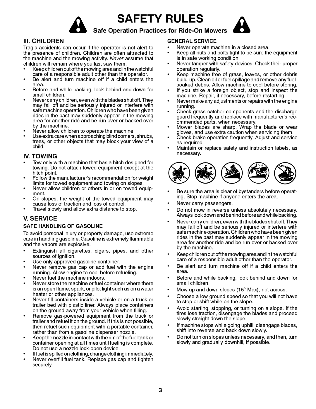 Husqvarna 96045000412 owner manual III. Children, IV. Towing, Safe Handling of Gasoline, General Service 