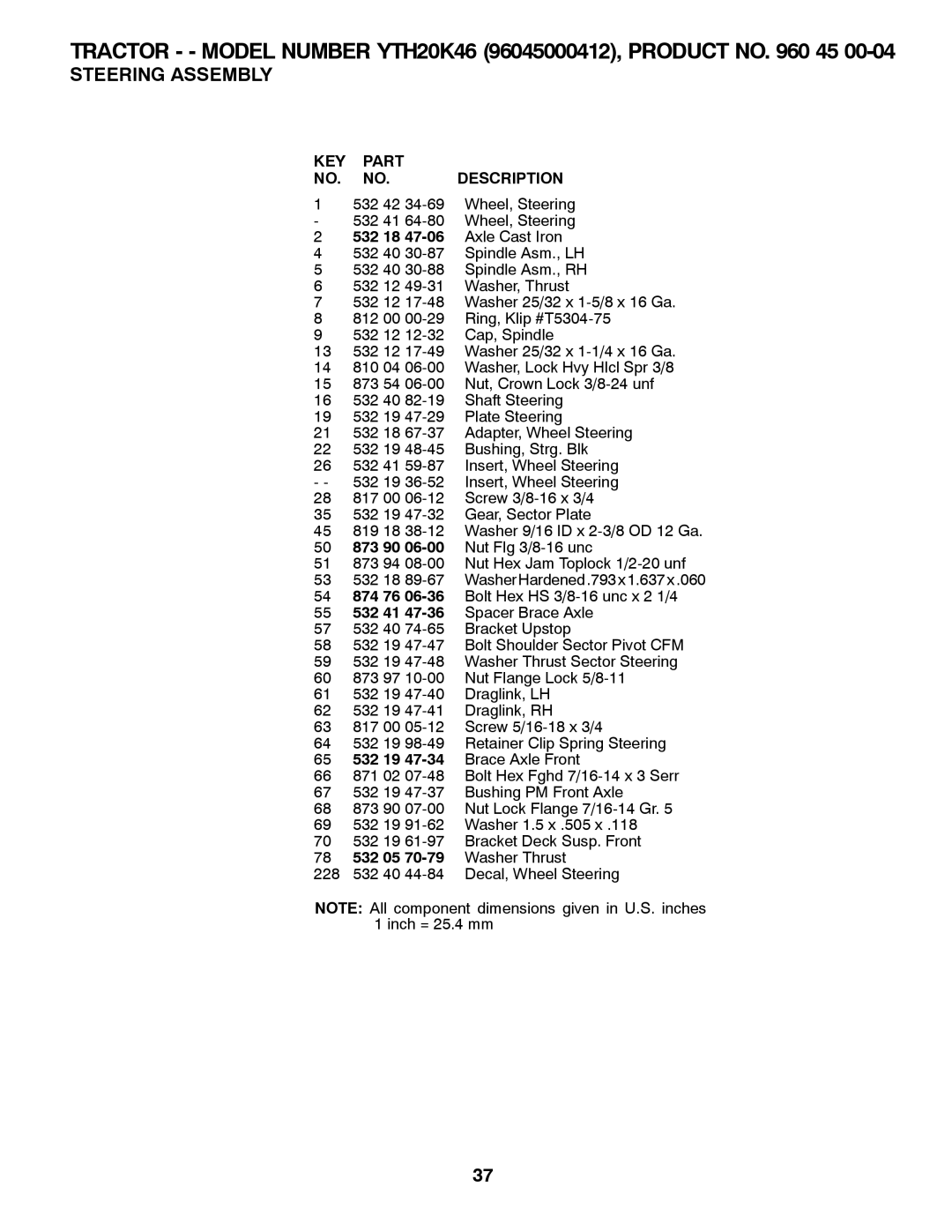 Husqvarna 96045000412 owner manual Steering Assembly, 532 18, 532 05 