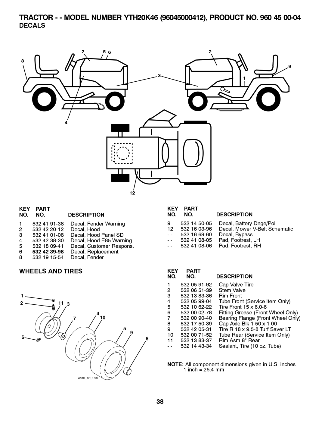 Husqvarna 96045000412 owner manual Decals, Wheels and Tires, 532 42 