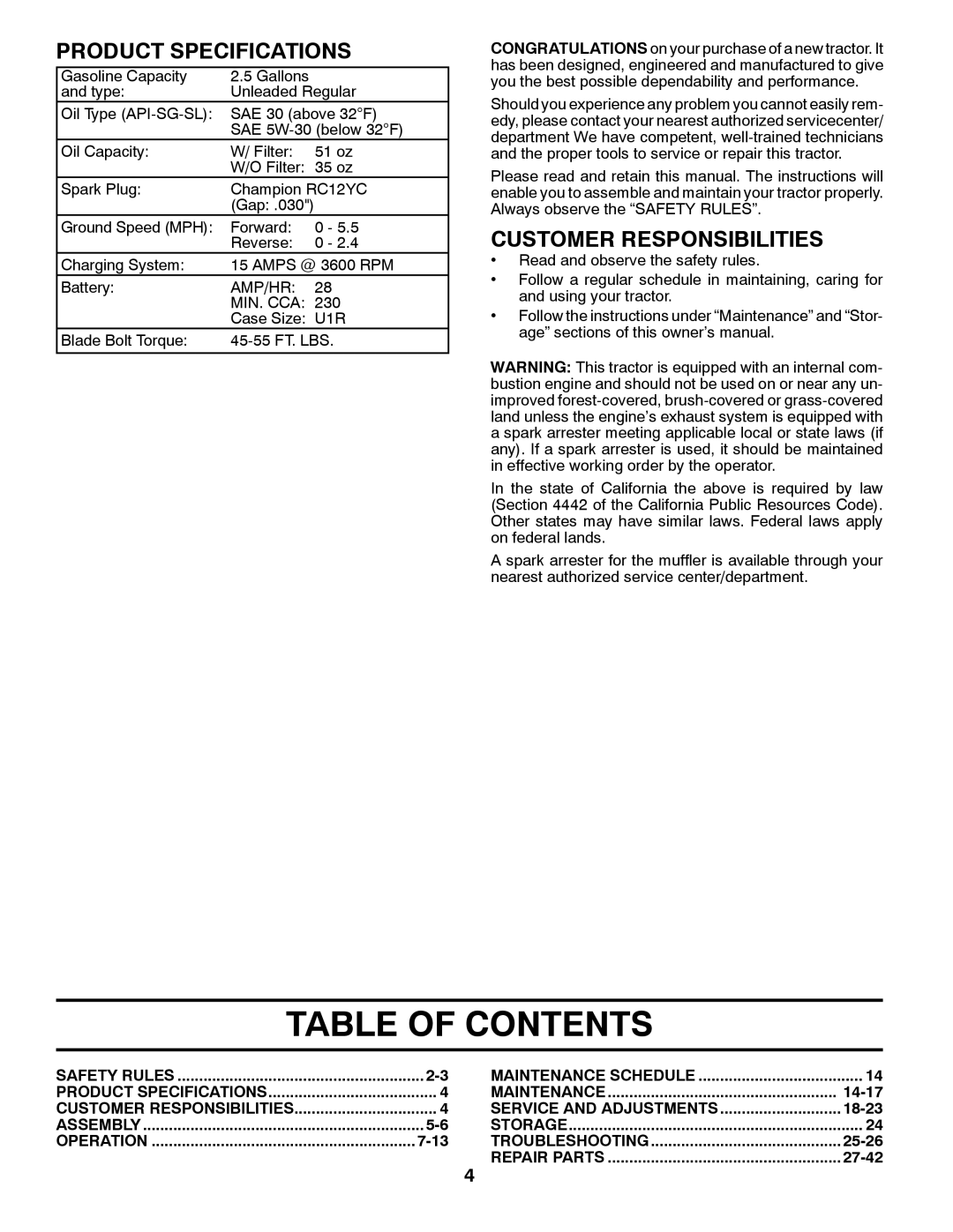 Husqvarna 96045000412 owner manual Table Of Contents, Product Specifications, Customer Responsibilities 