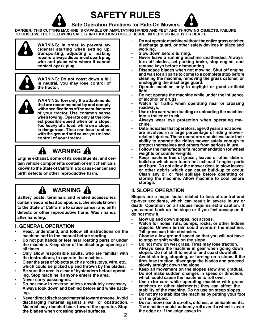 Husqvarna 96045000414 Safety Rules, Safe Operation Practices for Ride-On Mowers, General Operation, II. Slope Operation 