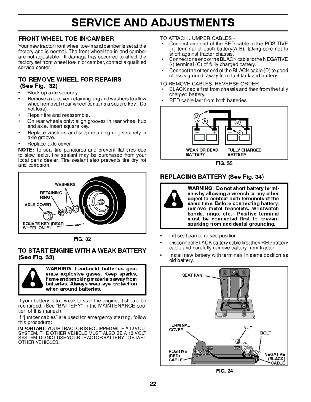 Husqvarna 96045000414 Front Wheel TOE-IN/CAMBER, To Remove Wheel for Repairs See Fig, Replacing Battery See Fig 