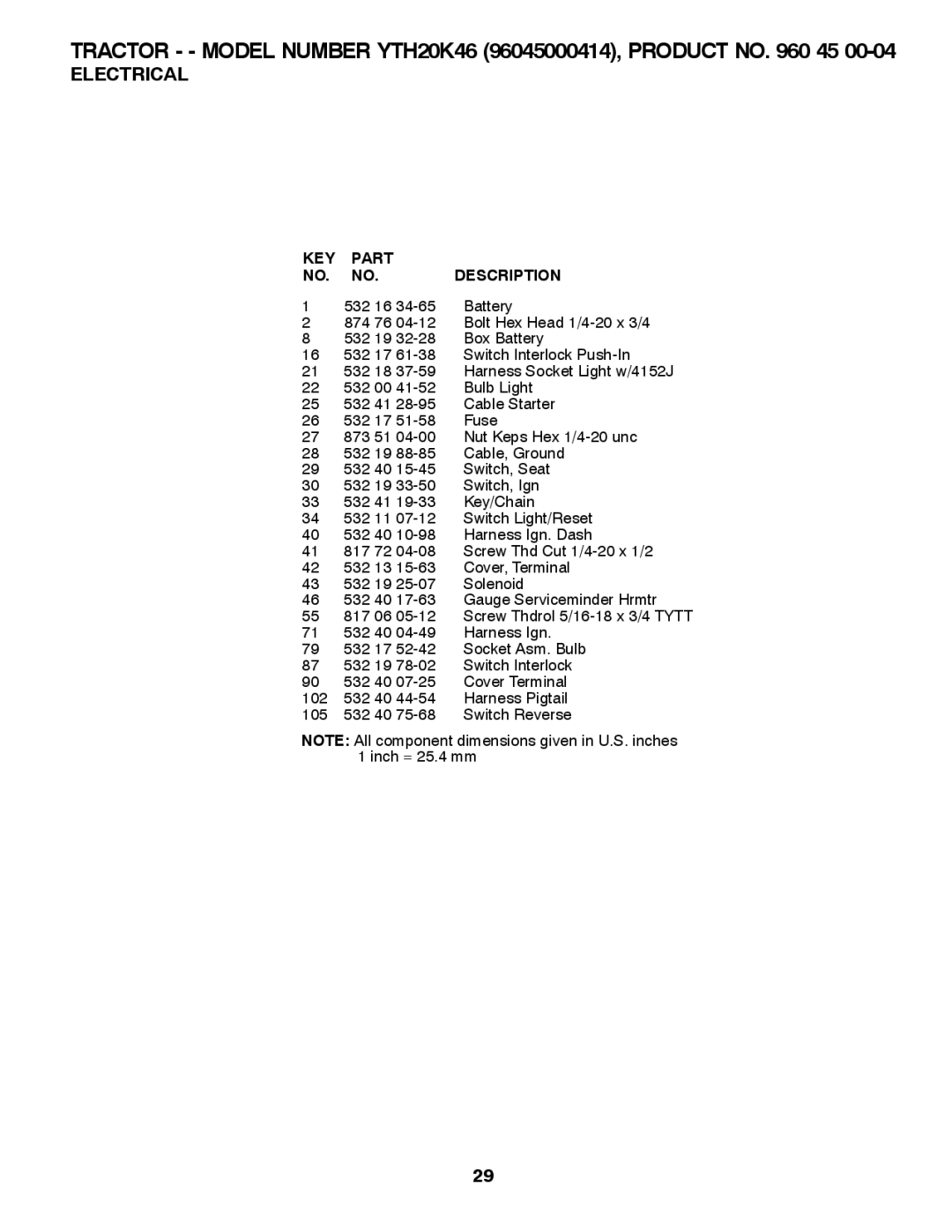 Husqvarna 532 42 84-01, 96045000414 owner manual KEY Part Description 