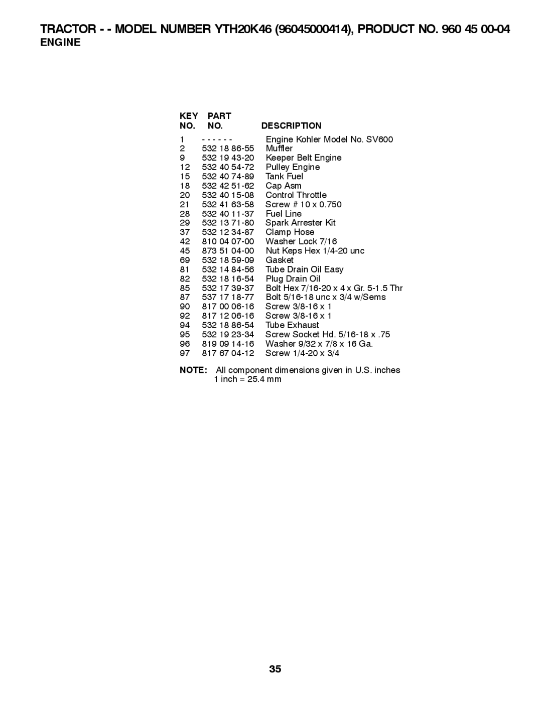 Husqvarna 532 42 84-01, 96045000414 owner manual Engine Kohler Model No. SV600 