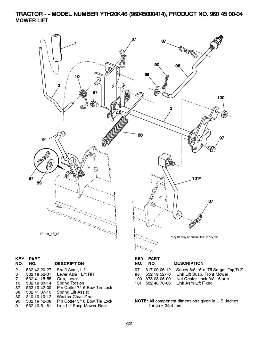 Husqvarna 96045000414, 532 42 84-01 owner manual Mower Lift, 8787 100 101 