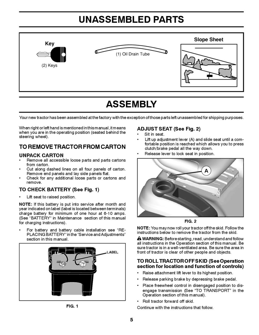 Husqvarna 532 42 84-01, 96045000414 owner manual Unassembled Parts, Assembly, To Remove Tractor from Carton, Unpack Carton 