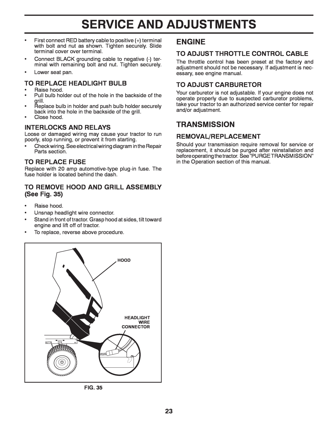 Husqvarna 532 42 84-01 owner manual Transmission, To Replace Headlight Bulb, Interlocks And Relays, To Replace Fuse, Engine 