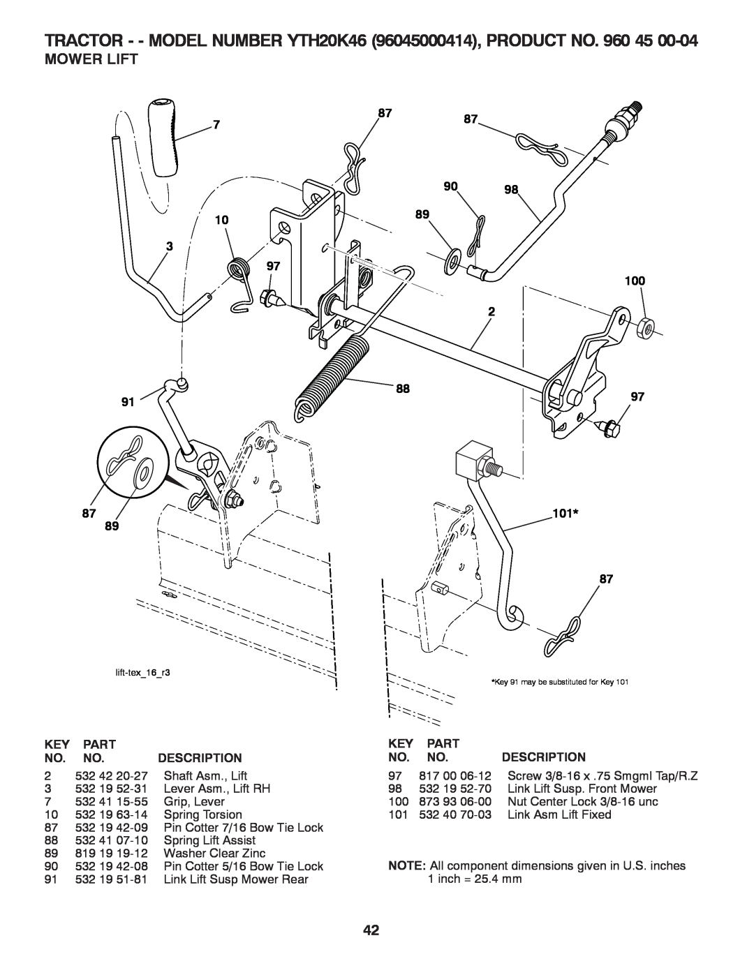 Husqvarna owner manual Mower Lift, TRACTOR - - MODEL NUMBER YTH20K46 96045000414, PRODUCT NO. 960 45, 8787, lift-tex16r3 