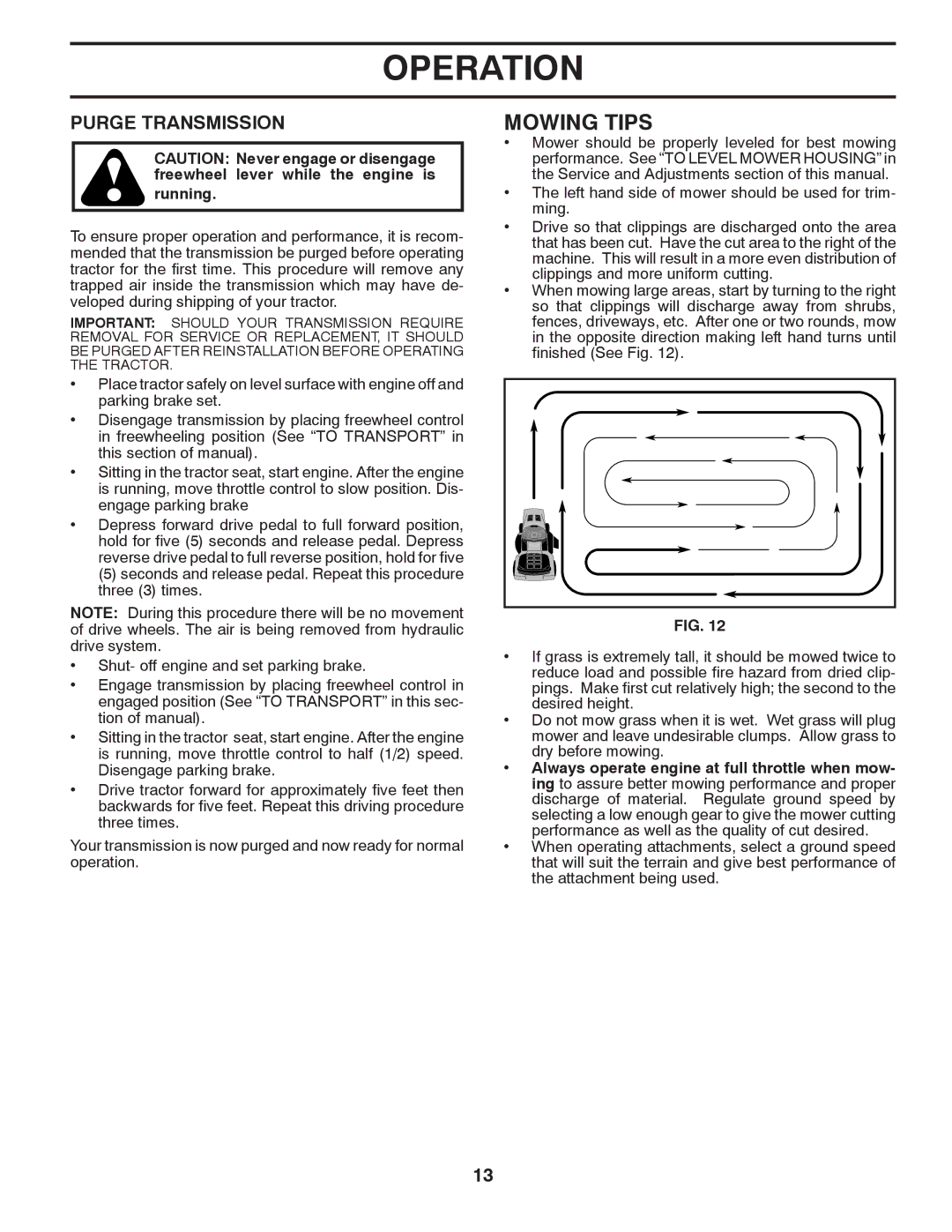 Husqvarna 96045000502 owner manual Mowing Tips, Purge Transmission 