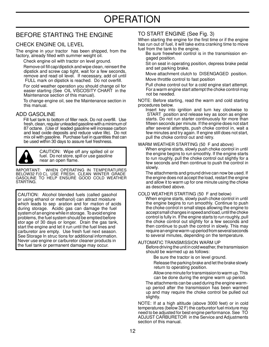 Husqvarna 96045000503 Before Starting the Engine, Check Engine OIL Level, ADD Gasoline, To Start Engine See Fig 