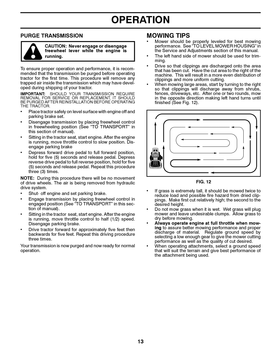 Husqvarna 96045000503 owner manual Mowing Tips, Purge Transmission 