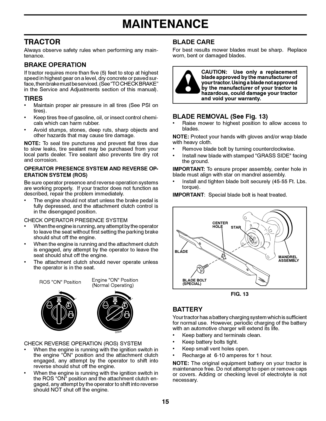 Husqvarna 96045000503 owner manual Tractor, Brake Operation, Tires, Blade Care, Battery 