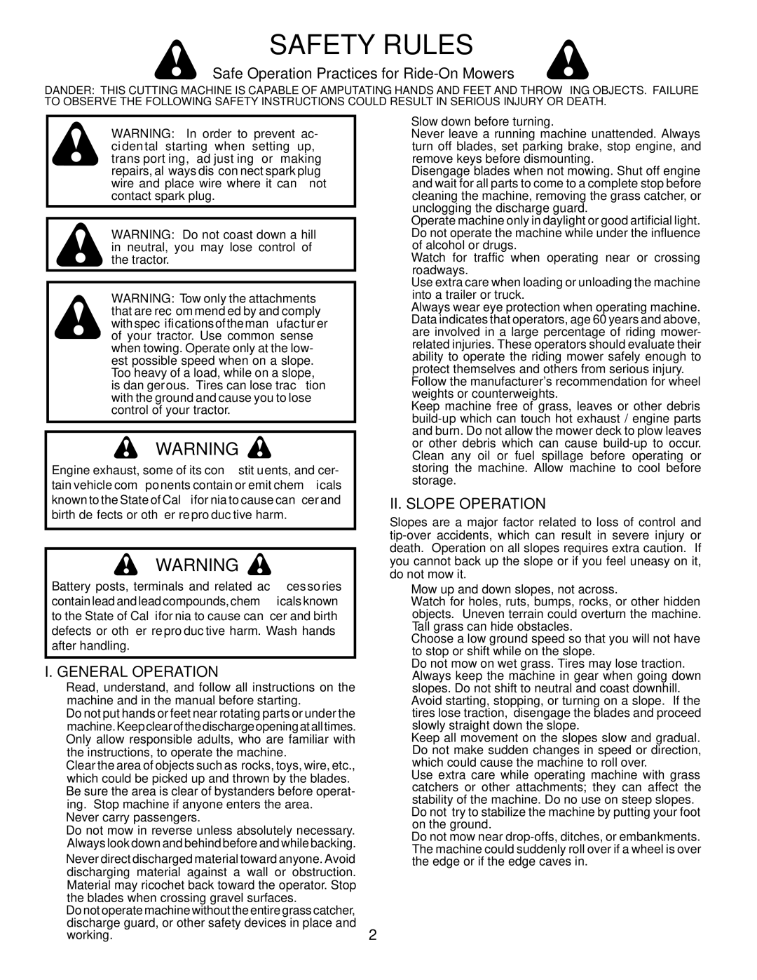 Husqvarna 96045000503 Safety Rules, Safe Operation Practices for Ride-On Mowers, General Operation, II. Slope Operation 