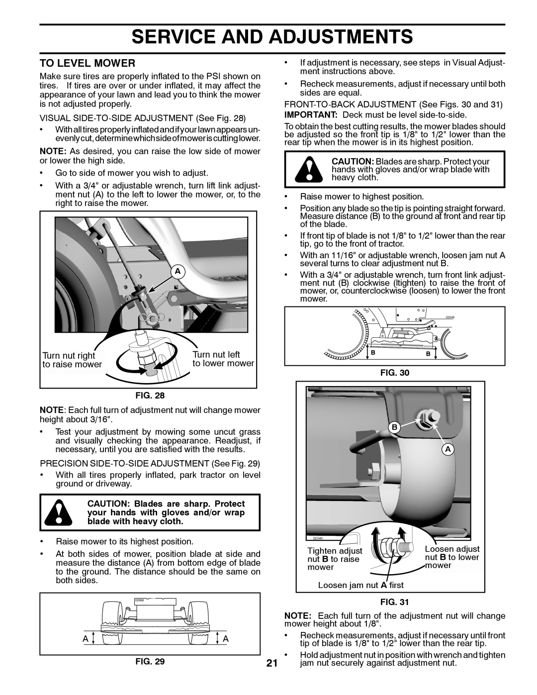 Husqvarna 96045000503 owner manual To Level Mower, Turn nut right Turn nut left To raise mower 