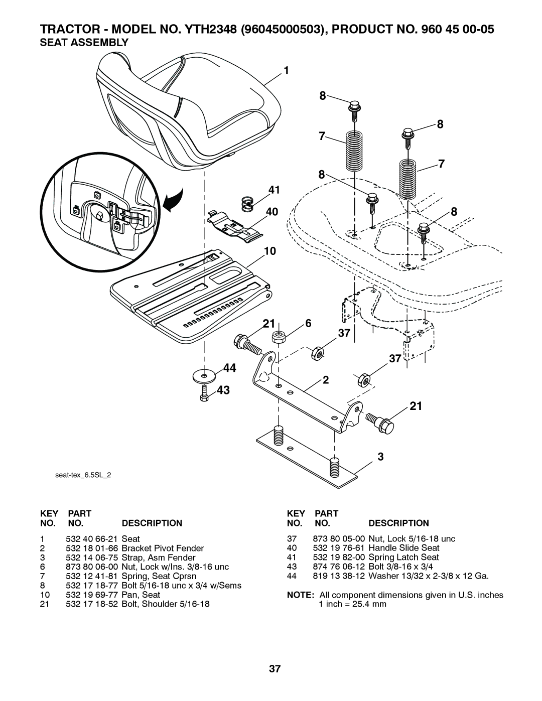 Husqvarna 96045000503 owner manual Seat Assembly 