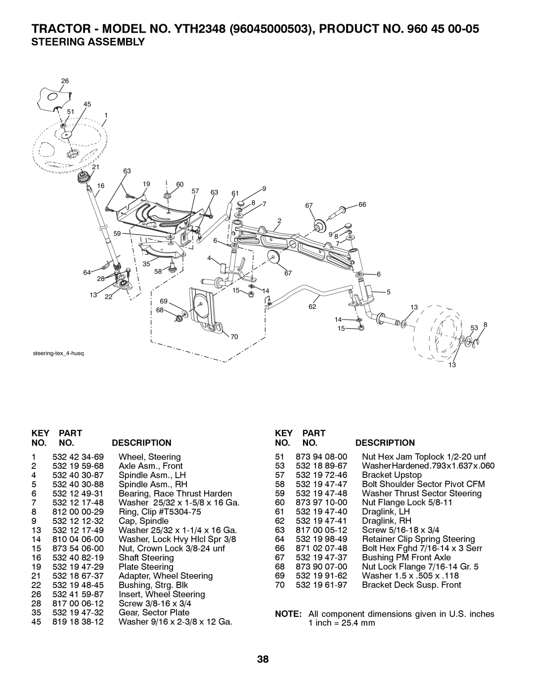 Husqvarna 96045000503 owner manual Steering Assembly 