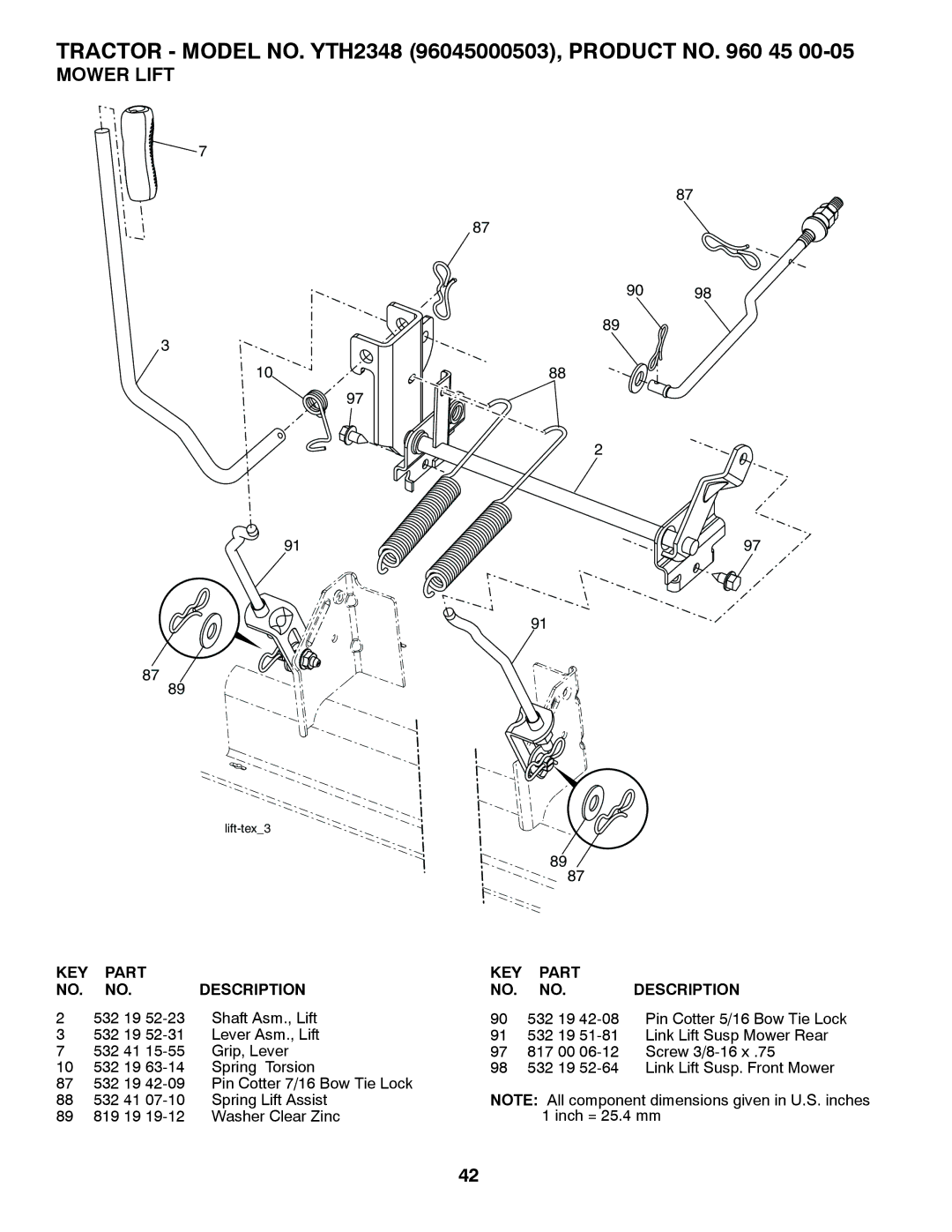 Husqvarna 96045000503 owner manual Mower Lift, KEY Part Description 