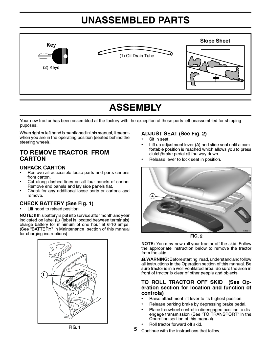 Husqvarna 96045000503 owner manual Unassembled Parts, Assembly, To Remove Tractor from Carton, Unpack Carton 