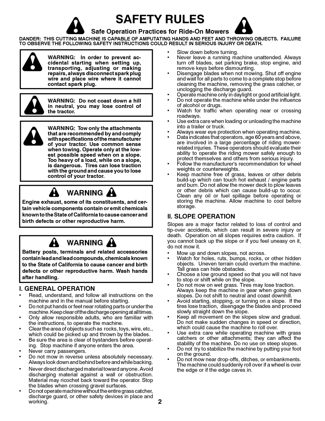 Husqvarna 96045000503 Safety Rules, Safe Operation Practices for Ride-On Mowers, I. General Operation, Ii. Slope Operation 
