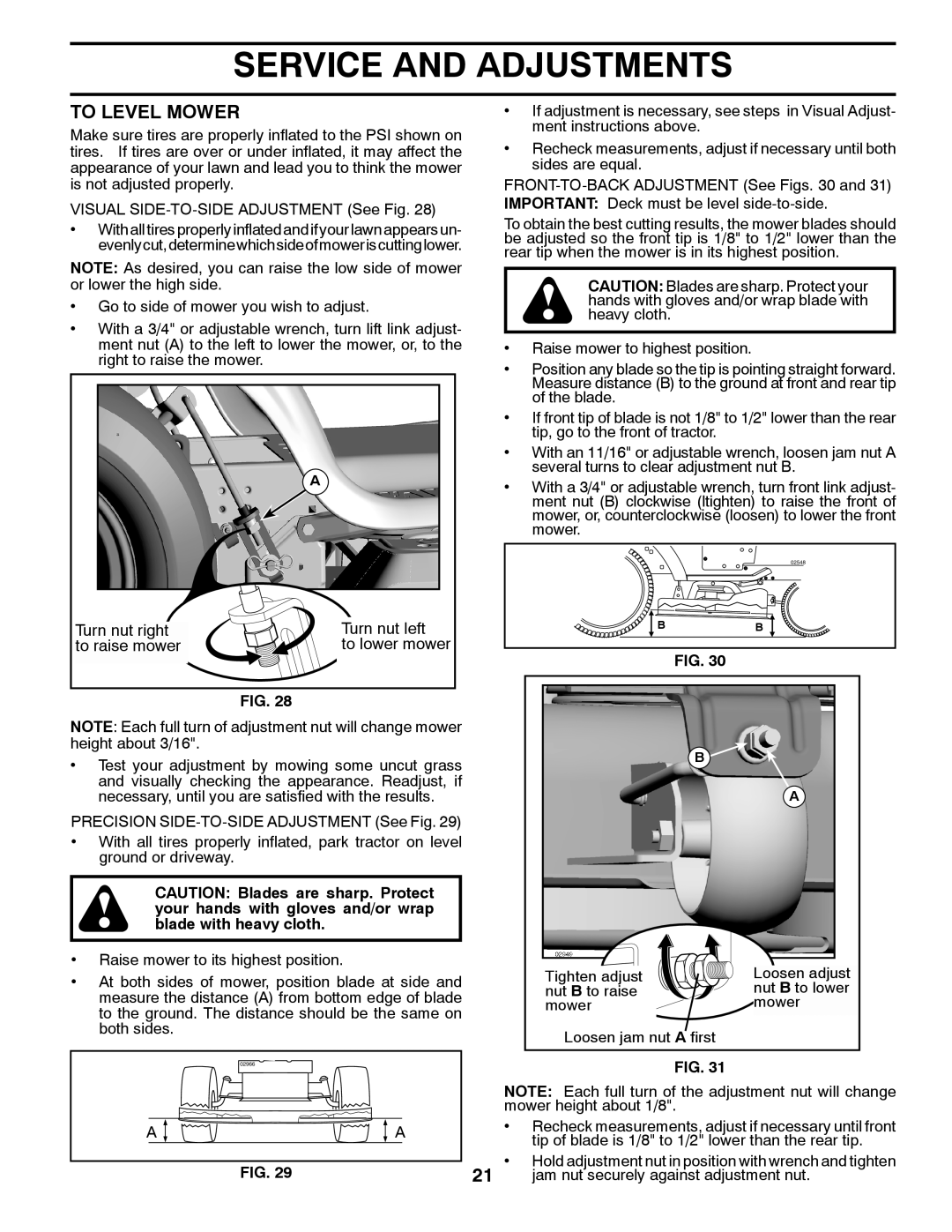 Husqvarna 96045000503 owner manual To Level Mower, Service And Adjustments, Turn nut right, Turn nut left, to raise mower 