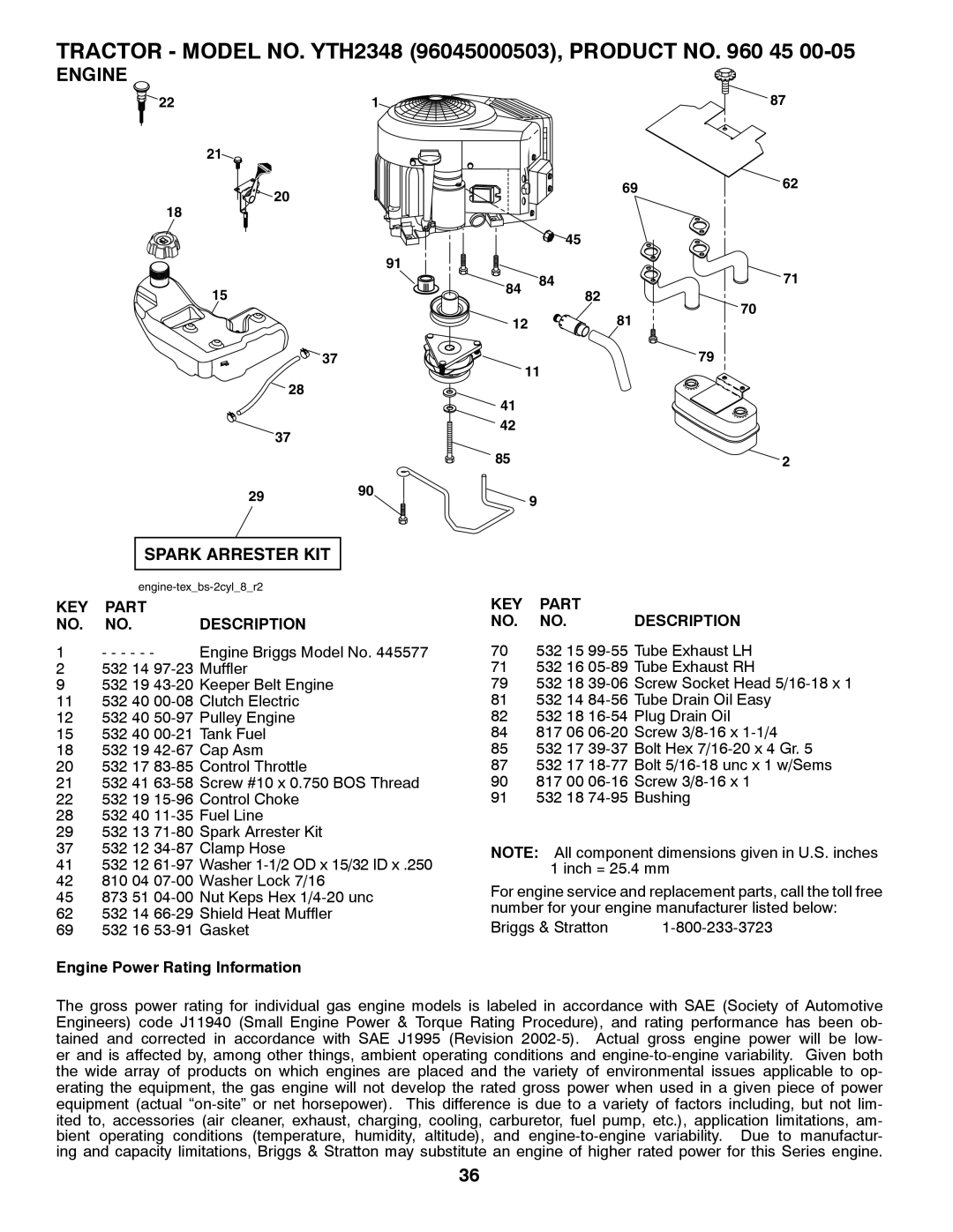 Husqvarna Engine, TRACTOR - MODEL NO. YTH2348 96045000503, PRODUCT NO, Spark Arrester Kit, Key Part No. No. Description 