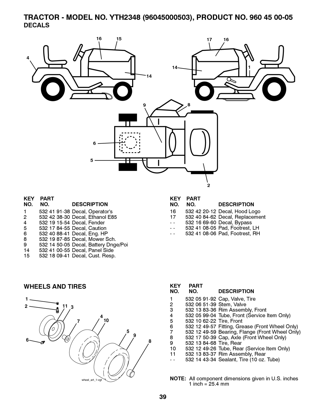 Husqvarna owner manual Decals, Wheels And Tires, TRACTOR - MODEL NO. YTH2348 96045000503, PRODUCT NO, Part, Description 