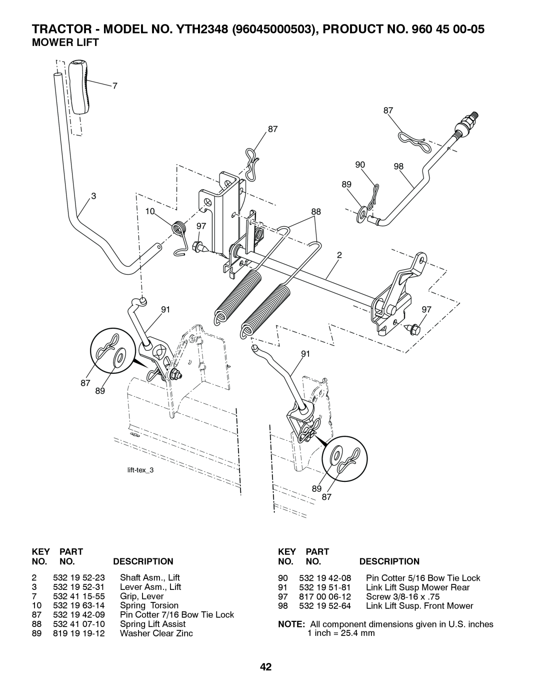 Husqvarna owner manual Mower Lift, TRACTOR - MODEL NO. YTH2348 96045000503, PRODUCT NO. 960, Part, Description 