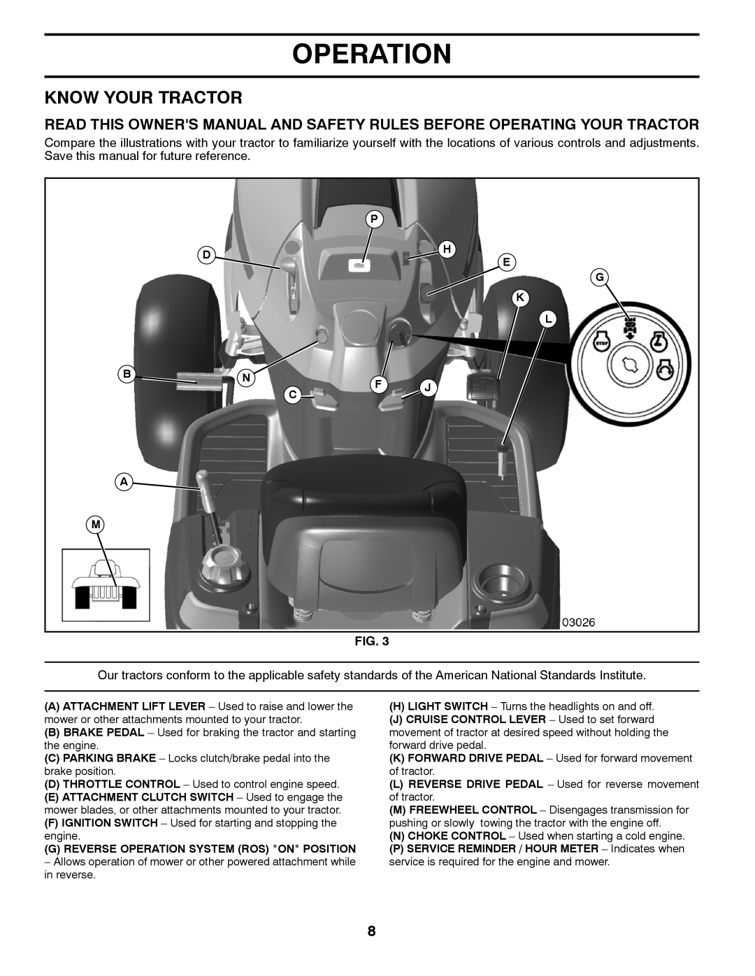 Husqvarna 96045000503 Know Your Tractor, P Dh E G K L B Nf J C A M, G Reverse Operation System Ros On Position 