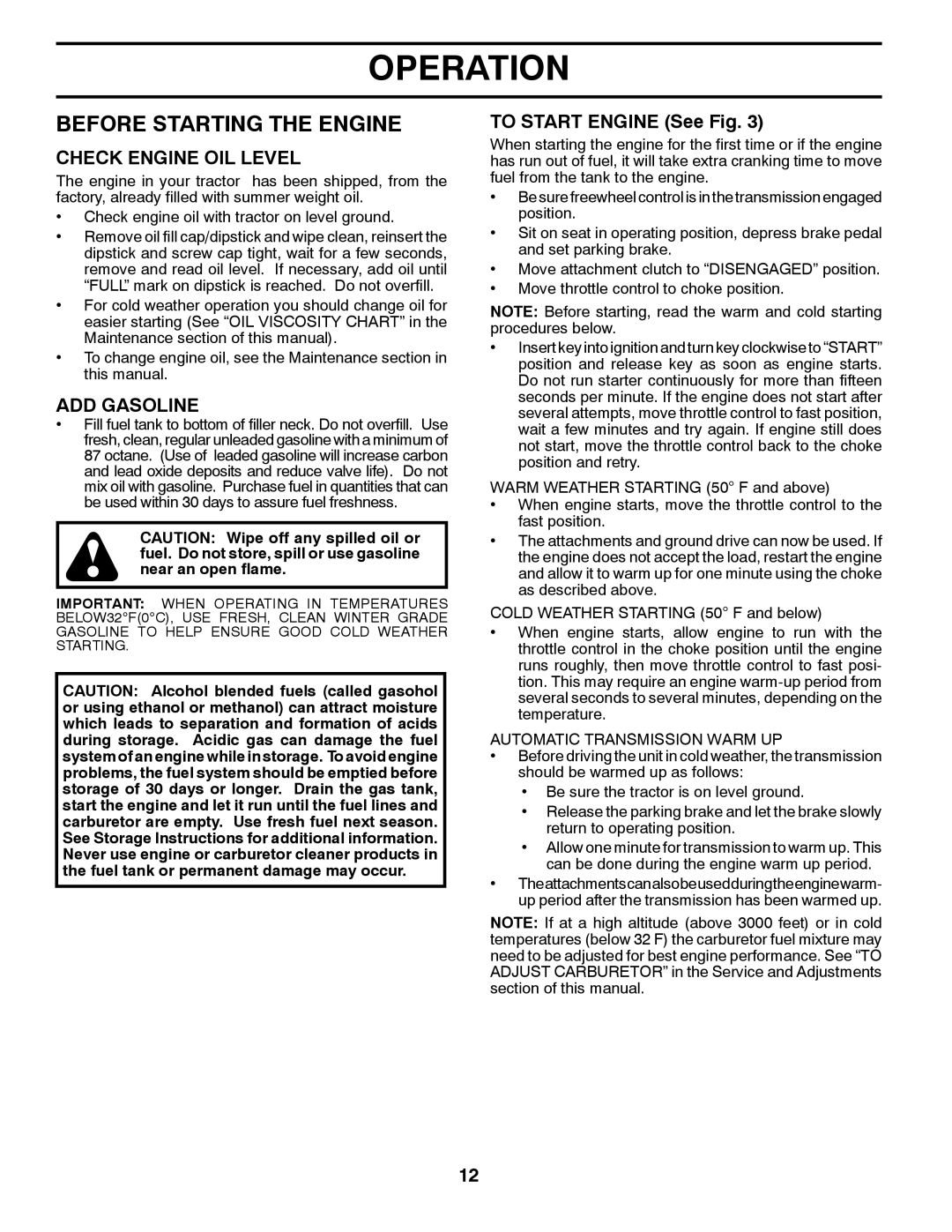 Husqvarna 96045000504 Before Starting the Engine, Check Engine OIL Level, ADD Gasoline, To Start Engine See Fig 