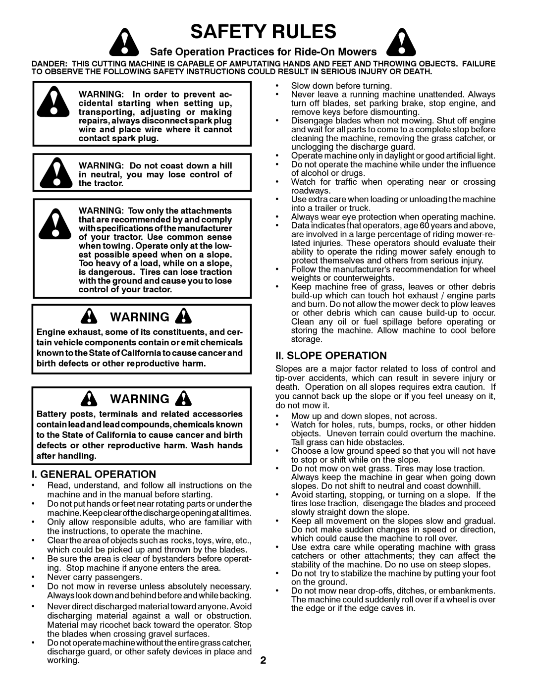 Husqvarna 96045000504 Safety Rules, Safe Operation Practices for Ride-On Mowers, General Operation, II. Slope Operation 