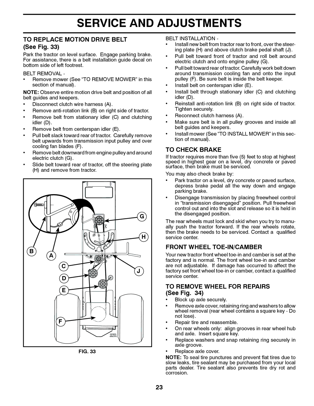 Husqvarna 532424761R1, 96045000504 To Replace Motion Drive Belt See Fig, To Check Brake, Front Wheel TOE-IN/CAMBER 