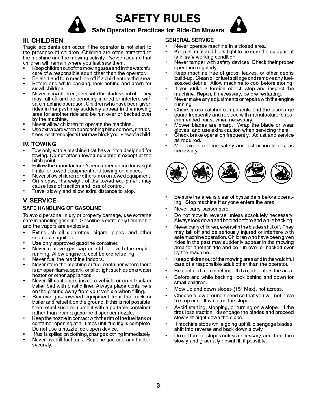 Husqvarna 532424761R1, 96045000504 owner manual III. Children, IV. Towing, Safe Handling of Gasoline, General Service 