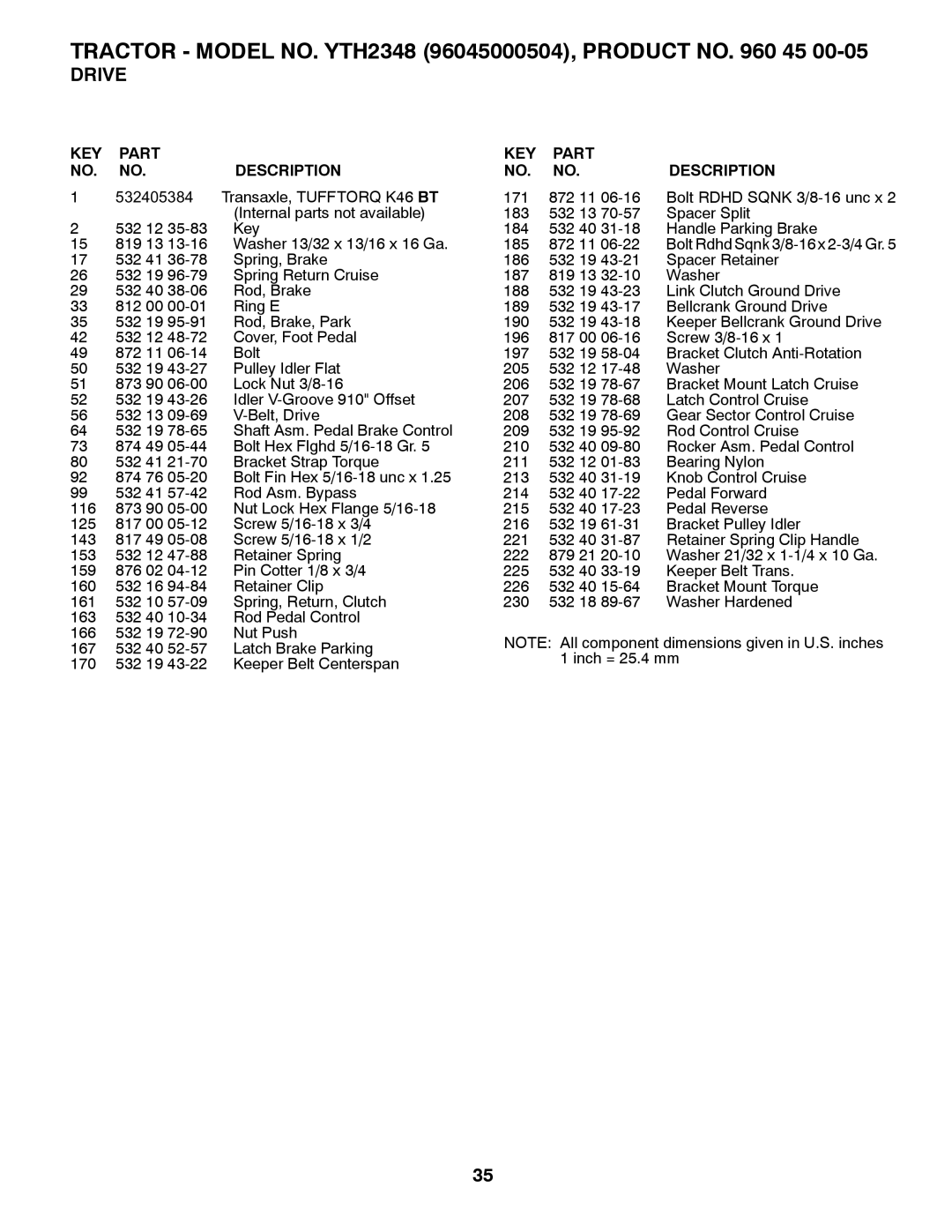 Husqvarna 532424761R1 owner manual Tractor Model NO. YTH2348 96045000504, Product no 45 