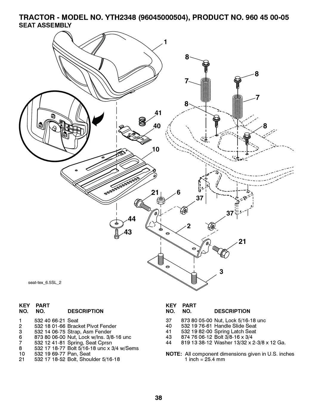 Husqvarna 96045000504, 532424761R1 owner manual Seat Assembly, KEY Part Description 